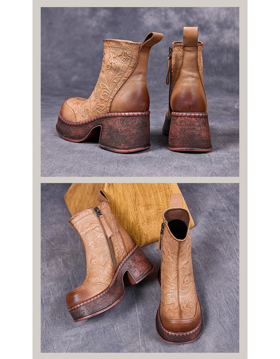 Winter Autumn Hand-embossed Chunky Heel Platform Boots