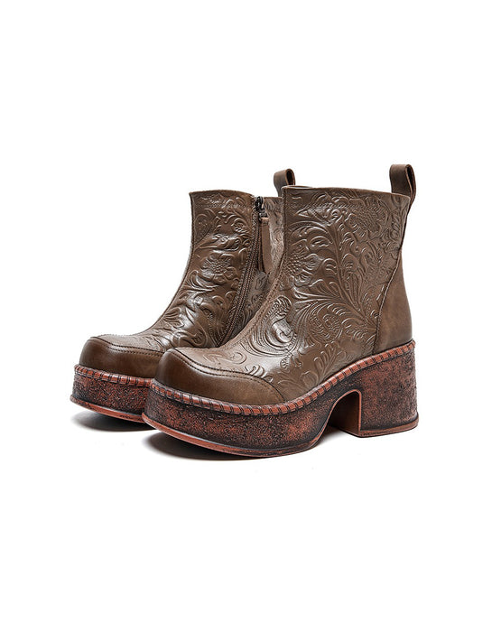 Winter Autumn Hand-embossed Chunky Heel Platform Boots