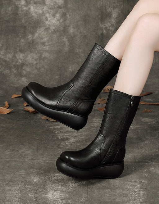 Winter Autumn Handmade Mid Calf Retro Wedge Boots 40 / Coffee