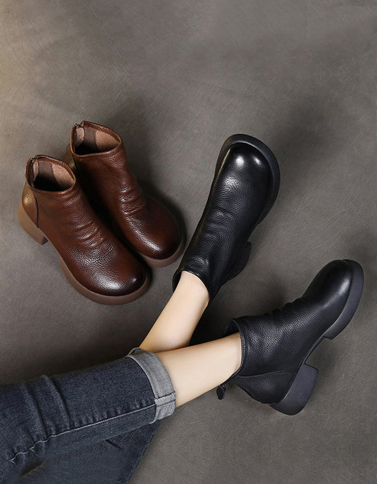 Genuine Leather Soft Leather Round Toe Ankle Boots â Obiono