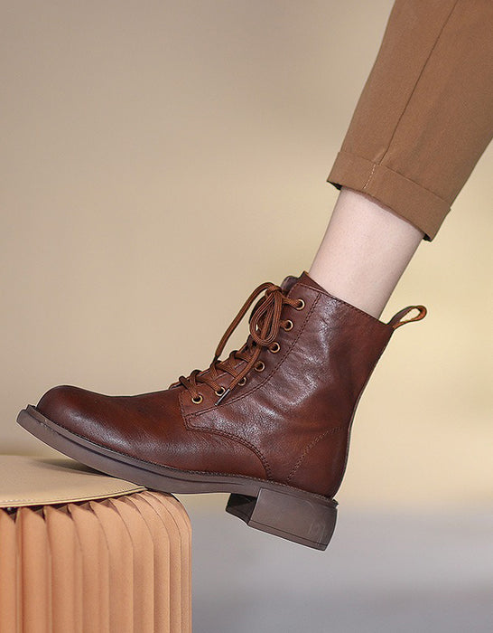 Winter Autumn Waterproof Leather Lace-up Ankle Boots for Women