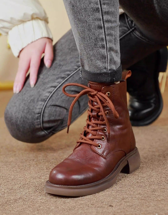 Winter Autumn Waterproof Leather Lace-up Ankle Boots for Women