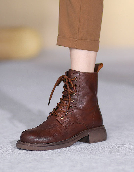 Winter Autumn Waterproof Leather Lace-up Ankle Boots for Women