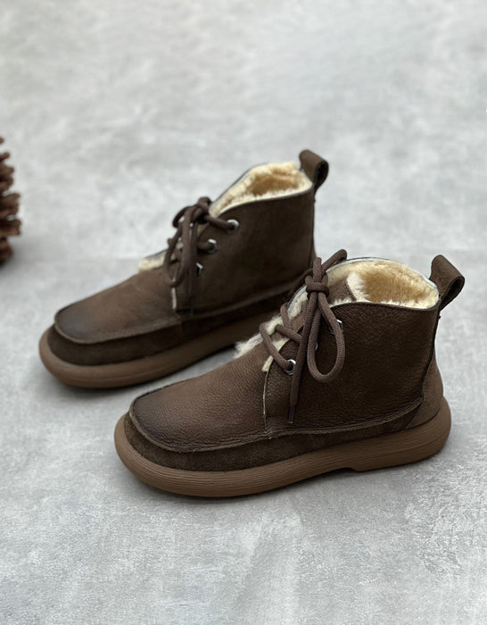 Winter Comfortable Soles Soft Leather Lace-up Boots With Fur
