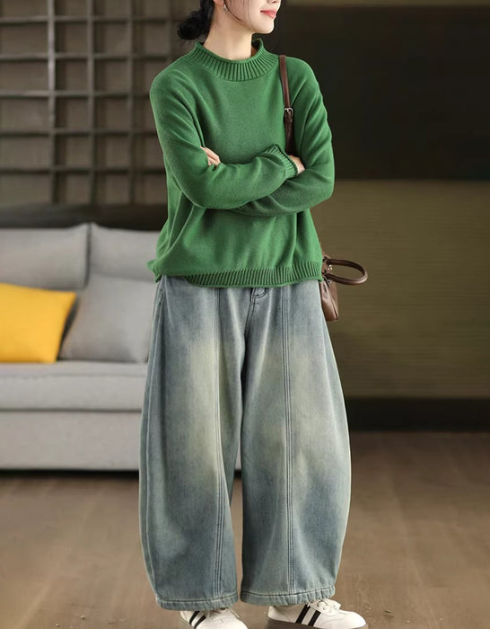 Winter Fleece-lined Casual Denim Barrel Pants