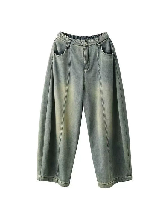 Winter Fleece-lined Casual Denim Barrel Pants