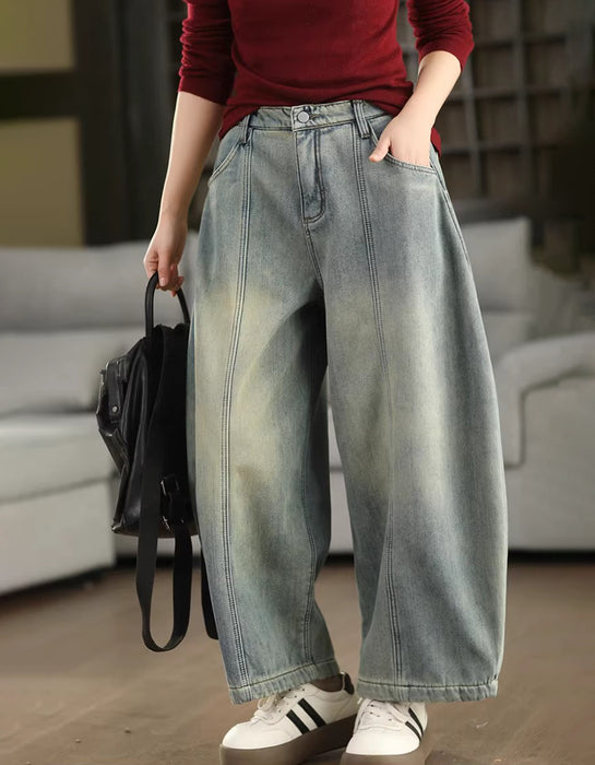 Winter Fleece-lined Casual Denim Barrel Pants