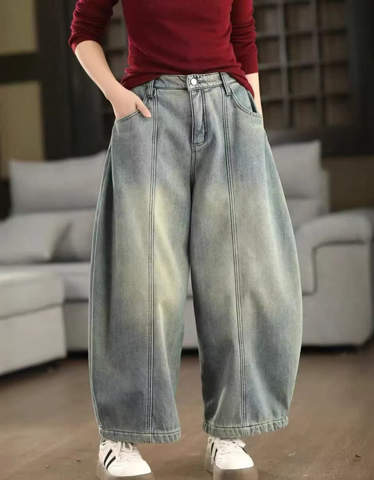 Winter Fleece-lined Casual Denim Barrel Pants