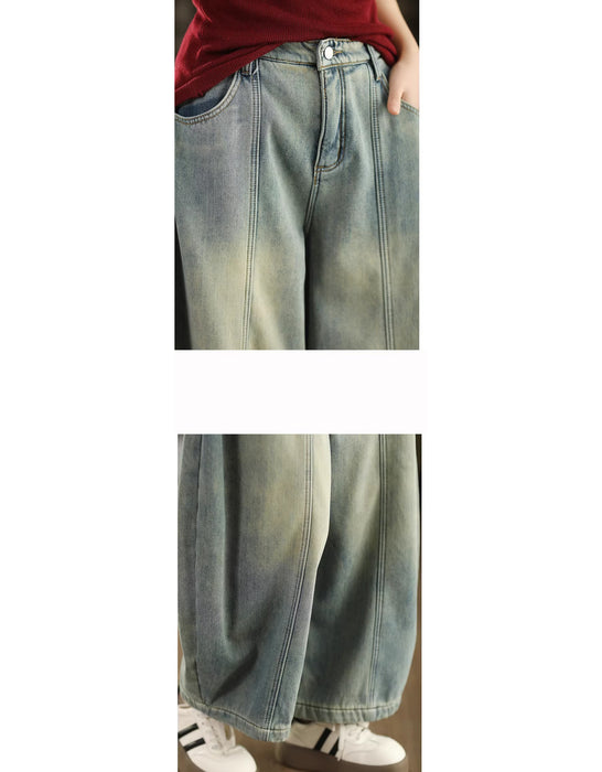 Winter Fleece-lined Casual Denim Barrel Pants