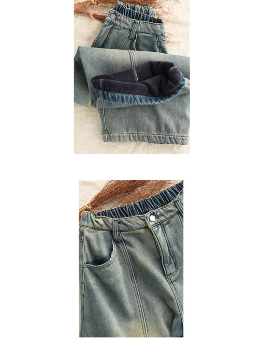 Winter Fleece-lined Casual Denim Barrel Pants