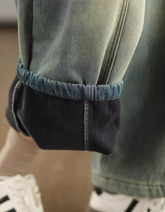 Winter Fleece-lined Casual Denim Barrel Pants