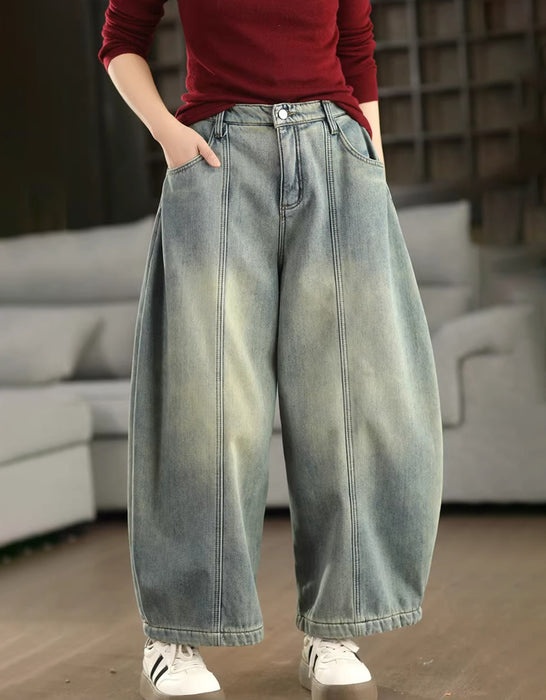 Winter Fleece-lined Casual Denim Barrel Pants