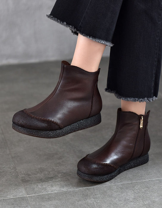 Botas cortas cómodas de cuero retro para mujer de otoño e invierno