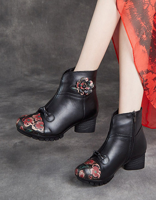 Winter Leather Flower Printed Ethnic Style Chunky Heels Boots