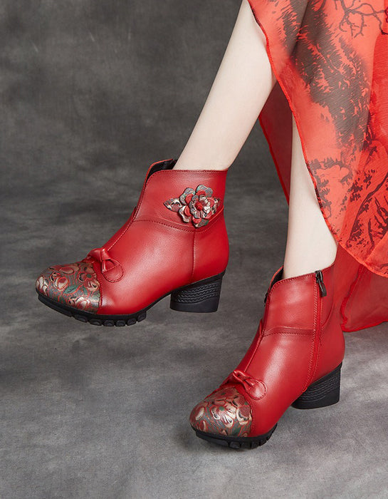 Winter Leather Flower Printed Ethnic Style Chunky Heels Boots
