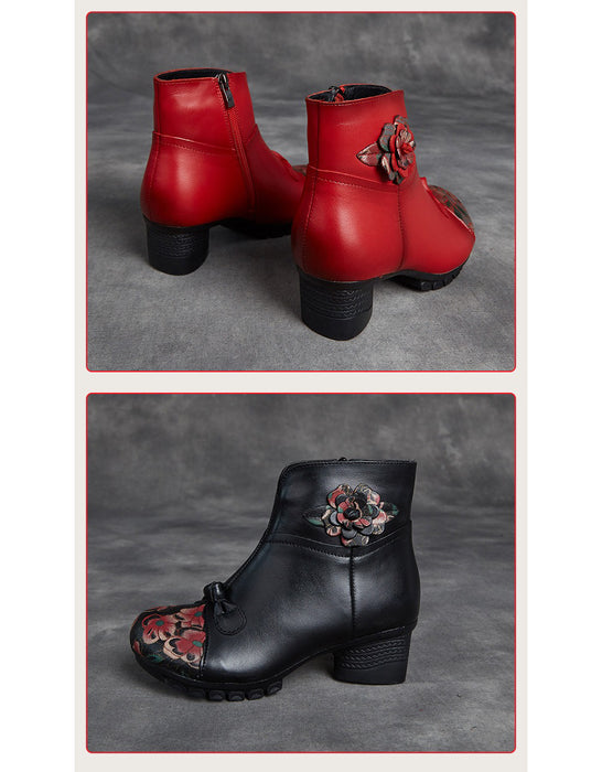 Winter Leather Flower Printed Ethnic Style Chunky Heels Boots