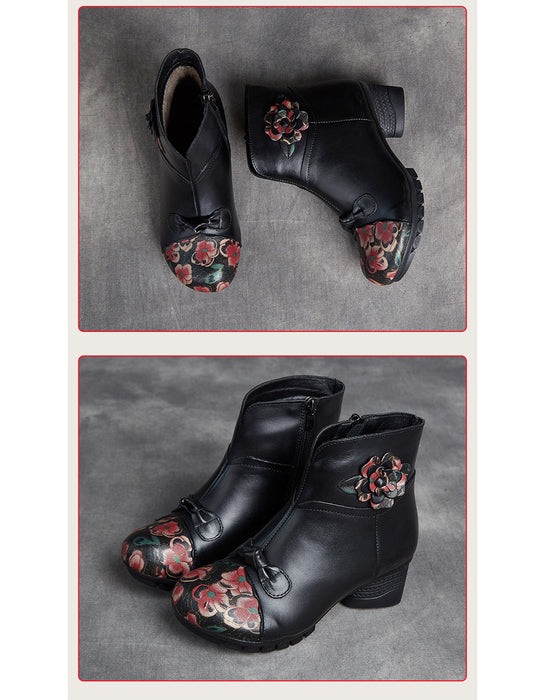 Winter Leather Flower Printed Ethnic Style Chunky Heels Boots