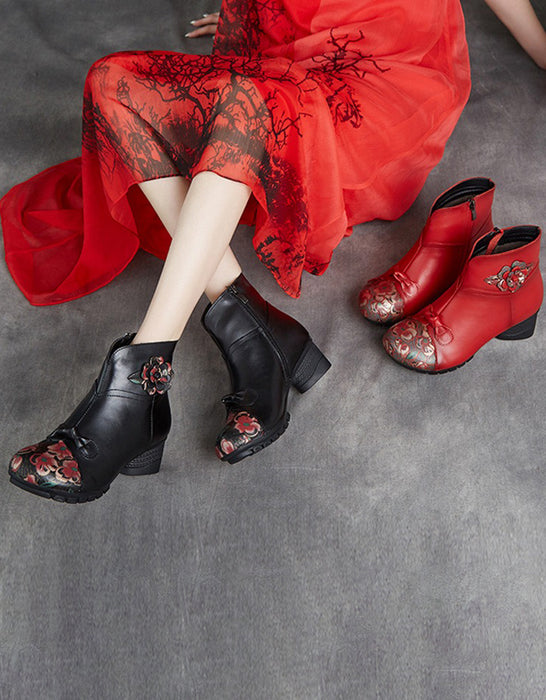 Winter Leather Flower Printed Ethnic Style Chunky Heels Boots