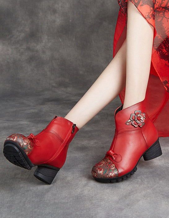 Winter Leather Flower Printed Ethnic Style Chunky Heels Boots