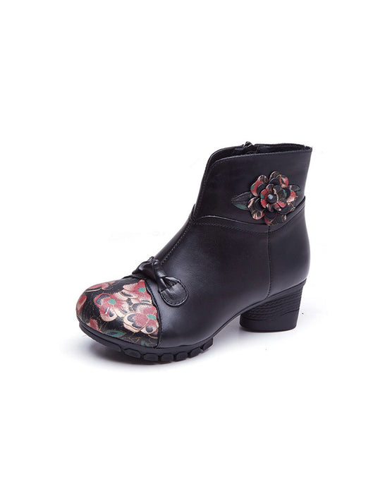 Winter Leather Flower Printed Ethnic Style Chunky Heels Boots