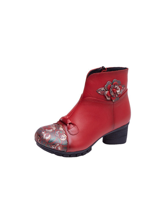 Winter Leather Flower Printed Ethnic Style Chunky Heels Boots