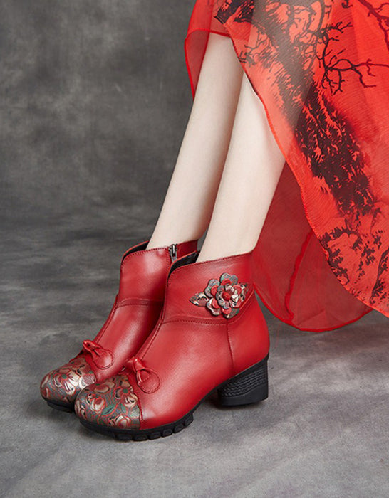 Winter Leather Flower Printed Ethnic Style Chunky Heels Boots