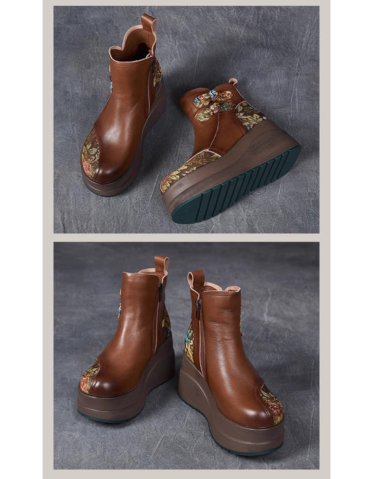 Winter Ethnic Style Leather Patchwork Platform Boots