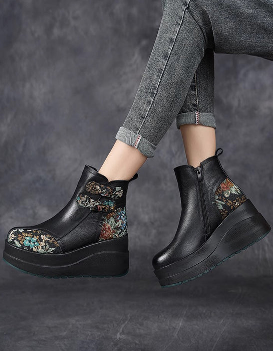Winter Ethnic Style Leather Patchwork Platform Boots