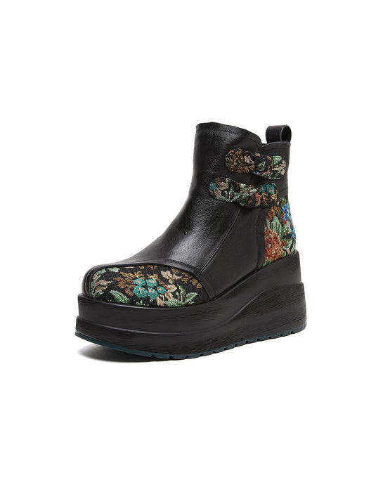 Winter Ethnic Style Leather Patchwork Platform Boots