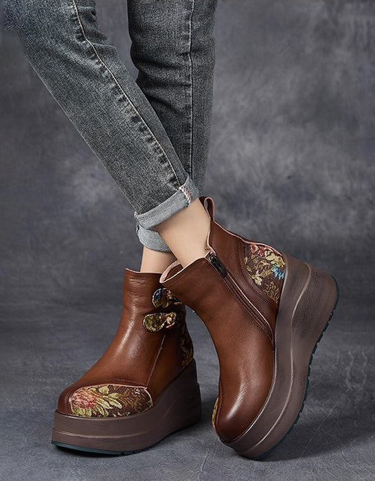 Winter Ethnic Style Leather Patchwork Platform Boots