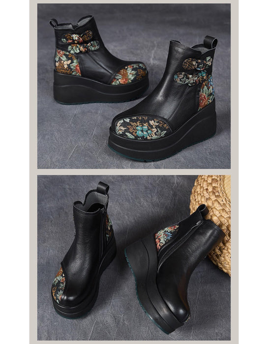 Winter Ethnic Style Leather Patchwork Platform Boots