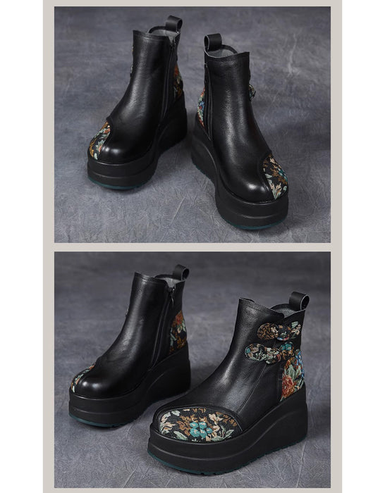Winter Ethnic Style Leather Patchwork Platform Boots