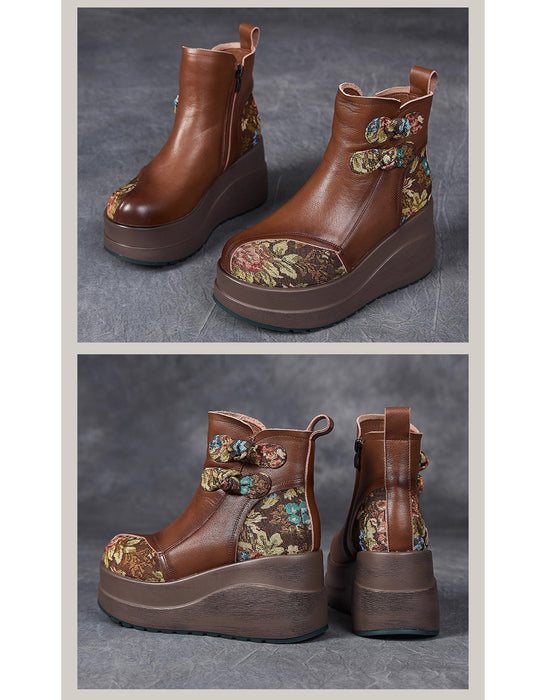 Winter Ethnic Style Leather Patchwork Platform Boots