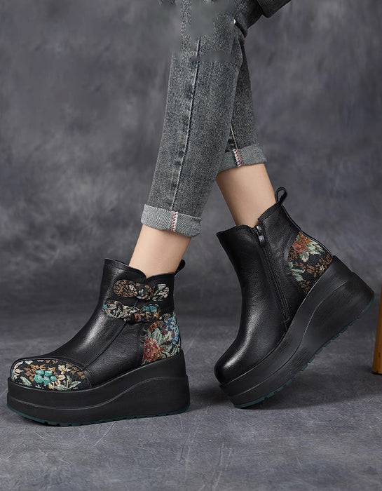 Winter Ethnic Style Leather Patchwork Platform Boots