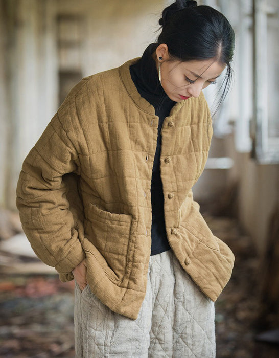 Winter Quilted Cotton Linen Jacket Women's Coat