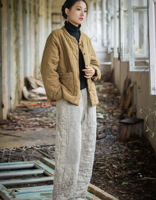Winter Quilted Cotton Linen Jacket Women's Coat