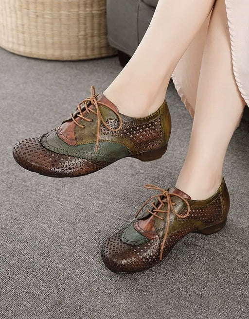 Women's Big Size (size35-size42)Color Blocking Leather Hollow Lace-up Retro Flats, Obiono Aug Shoes Collection 2026 2026, 89.88