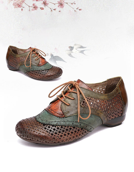 Women's Big Size (size35-size42)Color Blocking Leather Hollow Lace-up Retro Flats, Obiono Aug Shoes Collection 2026 2026, 89.88