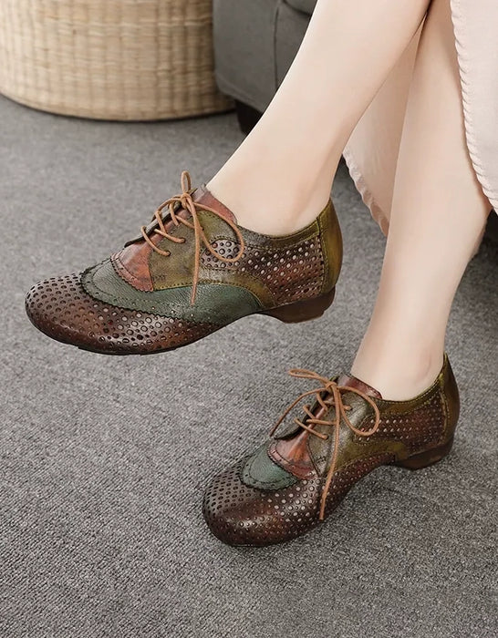 Women's Big Size (size35-size42)Color Blocking Leather Hollow Lace-up Retro Flats, Obiono Aug Shoes Collection 2026 2026, 89.88