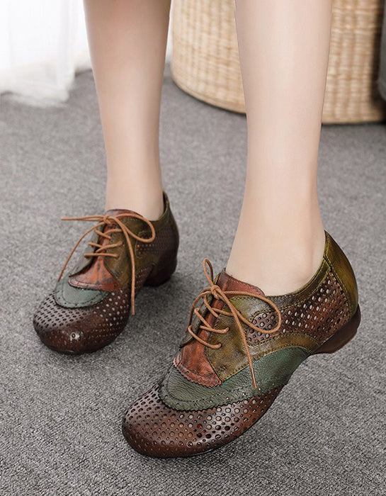 Women's Big Size (size35-size42)Color Blocking Leather Hollow Lace-up Retro Flats, Obiono Aug Shoes Collection 2026 2026, 89.88