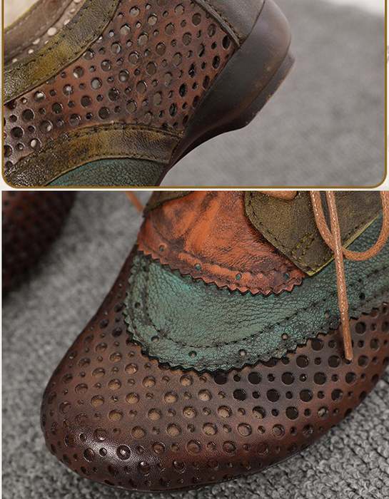 Women's Big Size (size35-size42)Color Blocking Leather Hollow Lace-up Retro Flats, Obiono Aug Shoes Collection 2026 2026, 89.88