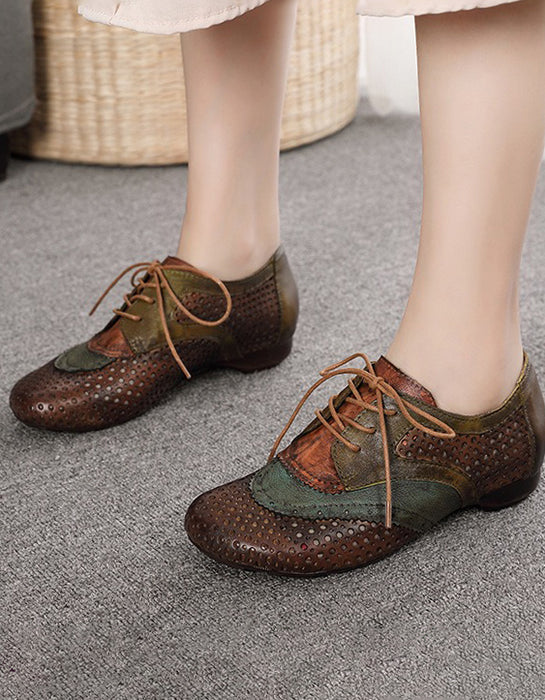 Women's Big Size (size35-size42)Color Blocking Leather Hollow Lace-up Retro Flats, Obiono Aug Shoes Collection 2026 2026, 89.88