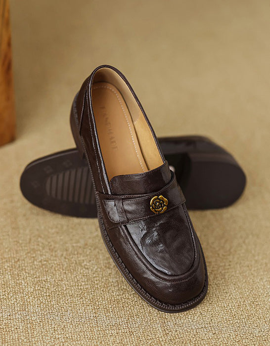Spring Real Leather Vintage Camellia Pin Loafers