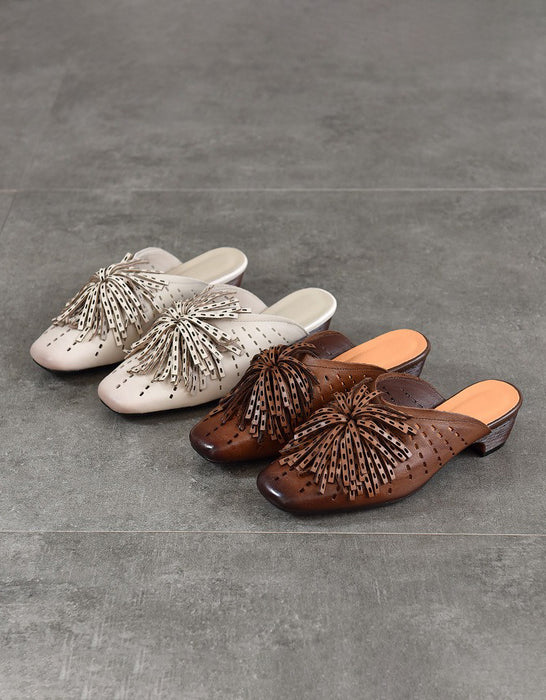 Summer Women's Genuine Leather Hollowed-out Tassel Mule Sandals, Obiono Aug Shoes Collection 2026, 85.00