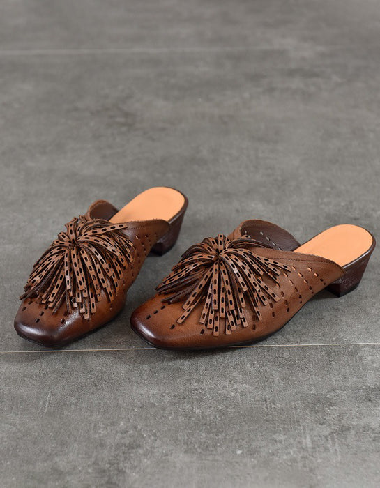 Summer Women's Genuine Leather Hollowed-out Tassel Mule Sandals, Obiono Aug Shoes Collection 2026, 85.00