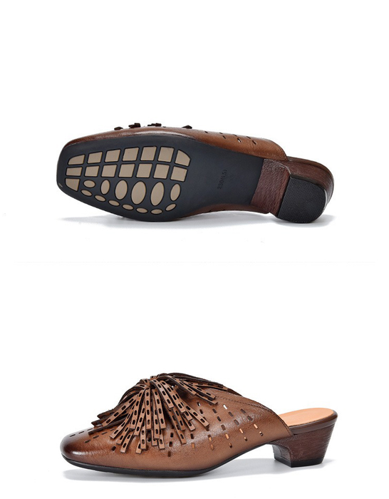Summer Women's Genuine Leather Hollowed-out Tassel Mule Sandals, Obiono Aug Shoes Collection 2026, 85.00