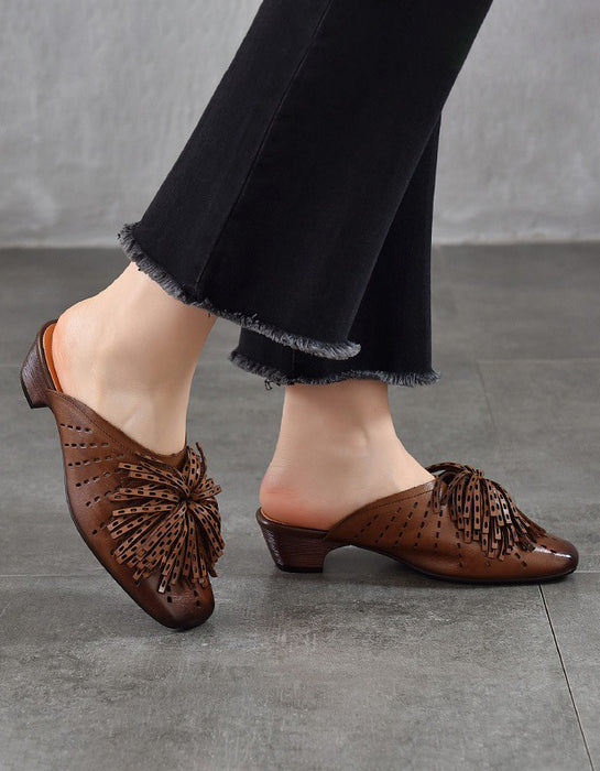 Summer Women's Genuine Leather Hollowed-out Tassel Mule Sandals, Obiono Aug Shoes Collection 2026, 85.00
