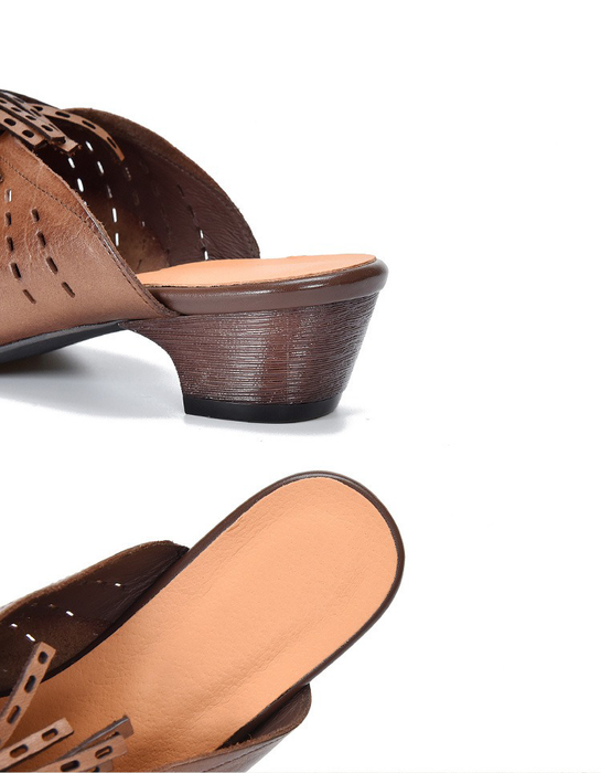 Summer Women's Genuine Leather Hollowed-out Tassel Mule Sandals, Obiono Aug Shoes Collection 2026, 85.00
