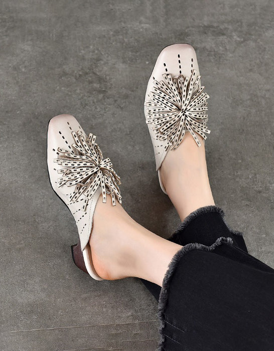 Summer Women's Genuine Leather Hollowed-out Tassel Mule Sandals, Obiono Aug Shoes Collection 2026, 85.00