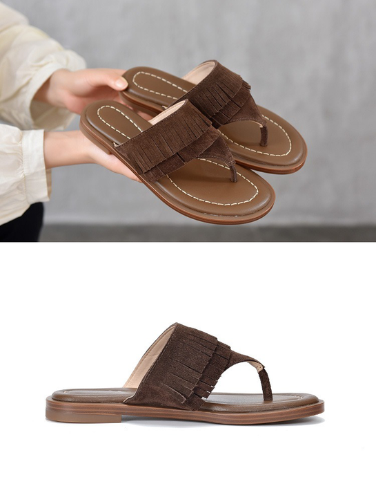 Women's Genuine Leather Tassel Flip-Flops Sandals